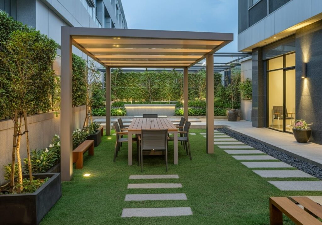 Dekorasi ruang meeting outdoor di taman kantor. Sumber: AI